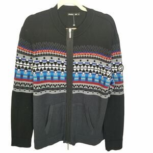 Vintage Eisbar Men Fair Isle Nordic Full Zip Sweater Retro Holiday Classic Cabin